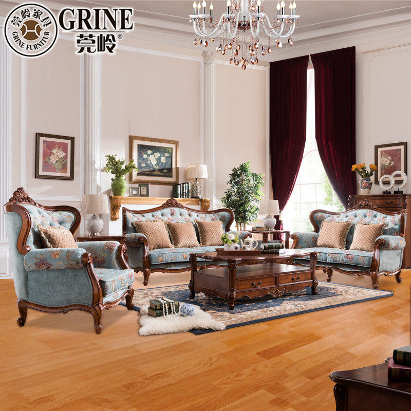 European fabric sofa combination 1 2 3 retro living room solid wood furniture small family American sofa tea table combination t