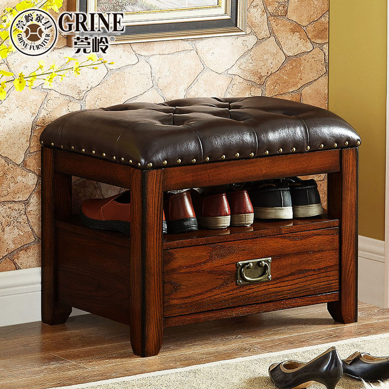 Hood American Solid Wood Change Shoes Bench Shoe Cabinet Genuine Leather Ostyle Shoes storage stool Stool Door Hall accommodating stool Stool Bench G
