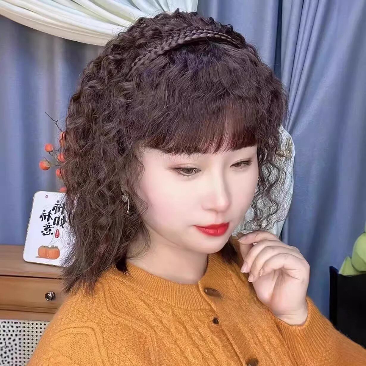 发箍刘海补发片羊毛卷辫子发箍一体式头顶遮白增量玉米烫卷发补发