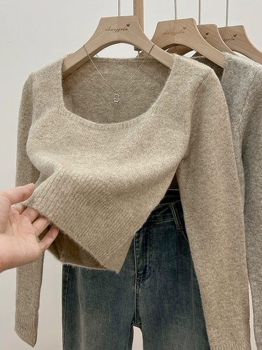 Трикотажная рубашка, демисезонный весенний свитер, квадратный вырез, увеличенная толщина