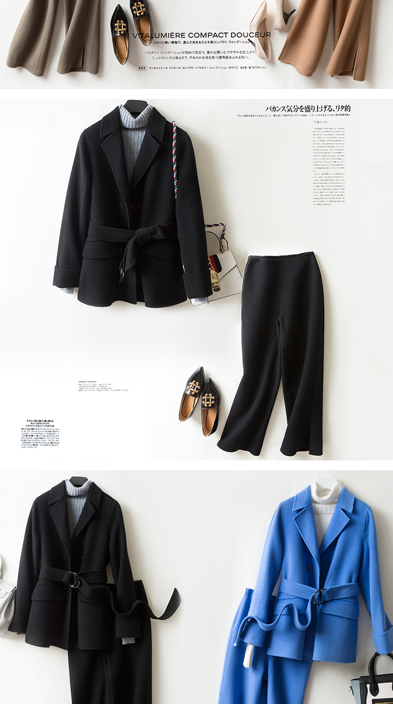 Anti-season 2018 mới len cashmere phù hợp với thời trang hai mặt len ​​mùa thu áo khoác ngắn quần hai dây - Bộ đồ thời trang nữ