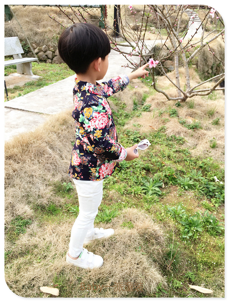 Trẻ em đứng cổ áo sơ mi trẻ em mới quần áo hoa cô gái áo sơ mi hoa dài tay áo sơ mi hoa trẻ em thời trang trẻ em hàn quốc