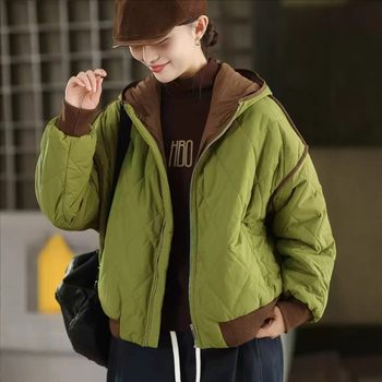 Winter New Style Hooded Patchwork Ribbed Cotton Jacket, Artistic Retro Quilted Warm Casual Cotton Coat for Women