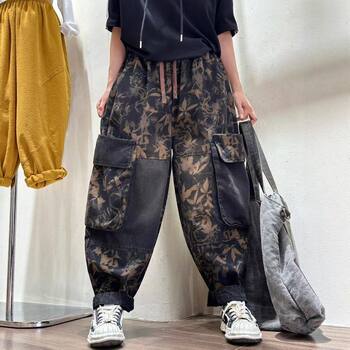 Women's Printed Jeans 2025 Autumn Style, Artistic Versatile Retro Loose Fit Plus Size Elastic Waist Fashion Dad Pants