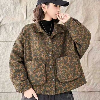 Twill Cotton Floral Jacket Cotton Coat 2025 Autumn and Winter New Korean Style Loose Lapel Double Pocket Design Top Cotton Clothing