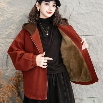 Winter Coat with Fleece Lining, Thickened Hooded Women's Clothing, New Retro Artistic Rabbit Fur Snowflake Velvet Zipper Cotton Jacket