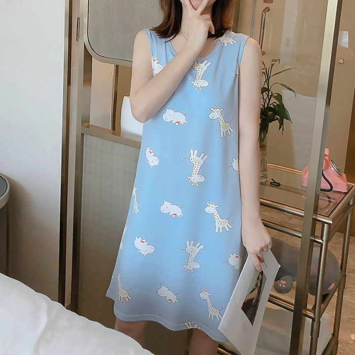 Bộ đồ ngủ đệm ngực mùa hè mỏng phần sexy dễ thương phục vụ tại nhà công chúa phong cách cô gái dây treo đồ ngủ váy ngủ không tay phụ nữ - Đêm đầm
