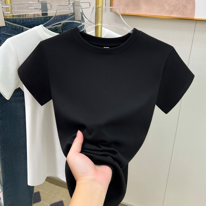 Threaded Short-Sleeve T-Shirt for Women, White, Regular Shoulder, Slimming, Spring and Summer, Fitted, Small Round Neck, Base Layer, Knitted Ice Silk Top