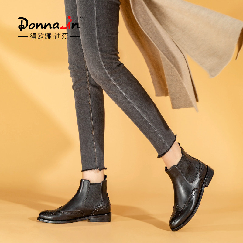 Deona Chelsea short boots female British style Martin boots leather plus velvet thick heel Bullock spring and autumn single boots flat