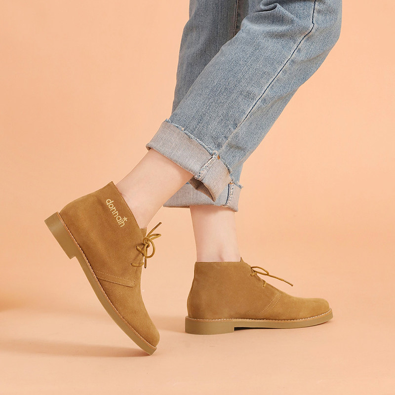 Deona's new camel leather suede short boots women's niche lace up spring and autumn single boots matte Martin boots flat bottom
