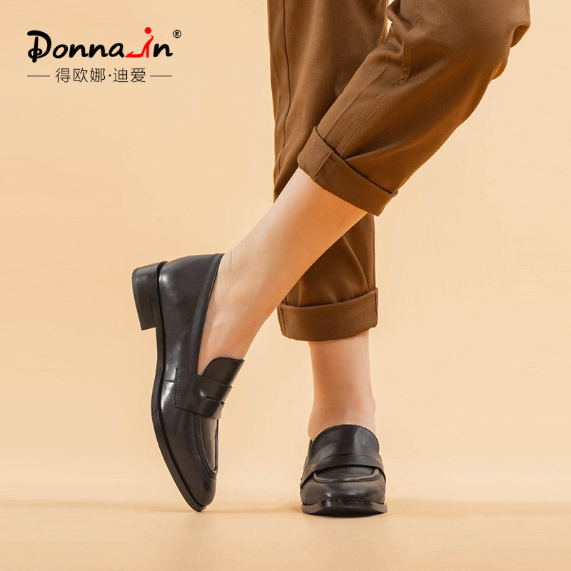 Deona British small leather shoes women's spring and autumn leather low-heeled shoes 2021 new square head loafers Donna
