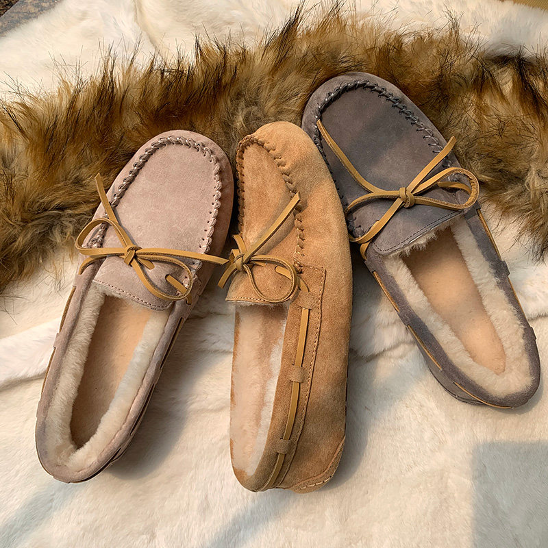 Sheepskin and wool all-in-one beanie shoes women's winter plus velvet warm soft leather leather fur shoes all-match flat pure wool cotton shoes