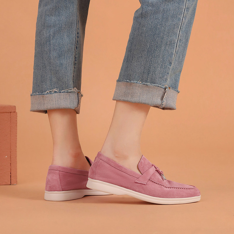 Deona cherry blossom pink cashmere nubuck leather one pedal soft bottom loafer women's spring and autumn new casual bag shoes