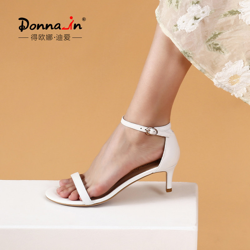 Deona 2021 summer new French kitten heel sandals women's mid-heel temperament leather word with thin heel and high-end sense