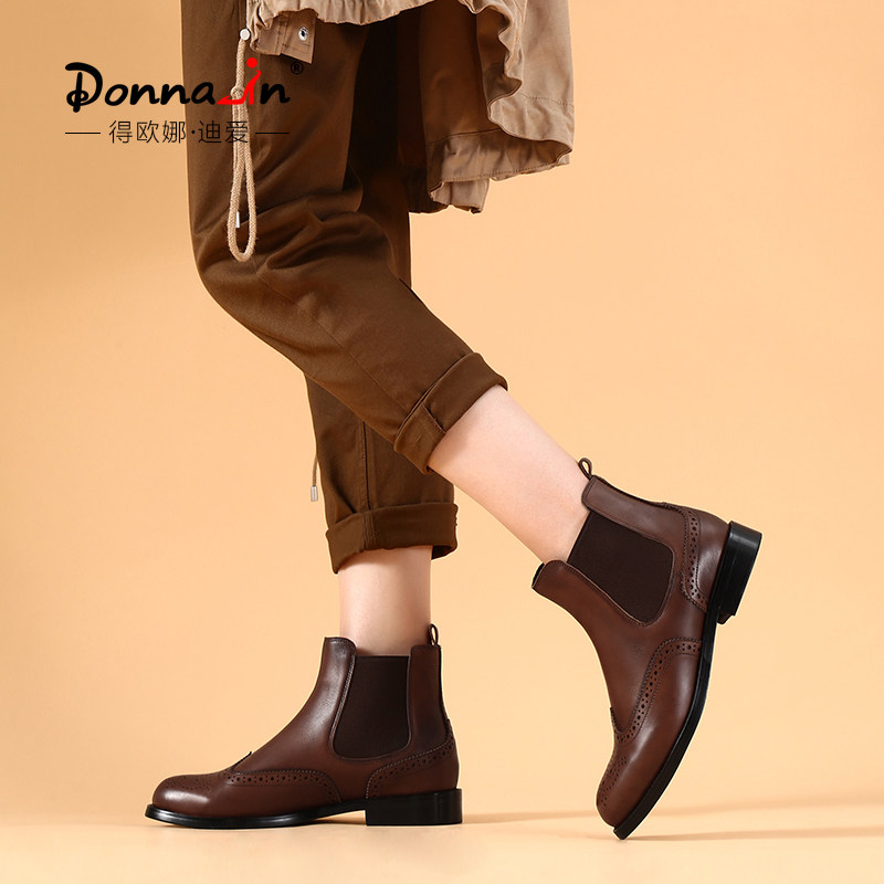 Deona Brown Boots Woman Spring and Autumn Single Boots Real Bull Piblock Carving Chelsea Boots Autumn Code
