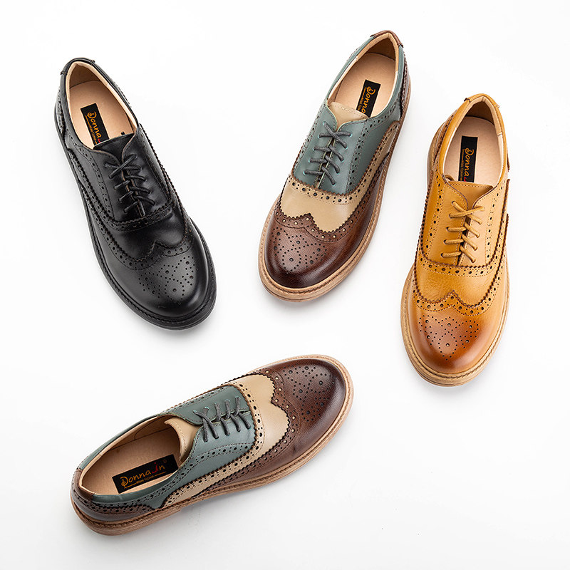 Deona 2022 comfortable British style leather lace-up mid-heel bag shoes women's literary retro brown soft-soled small leather shoes