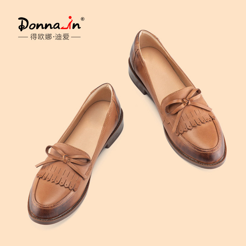 Get Oona brown Stream Sullefoe shoes 2021 Spring genuine leather One foot Pedal Small Leather Shoes Butterfly Knot Lady Flat flat shoes