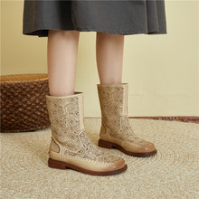 115 flat heel cool boots, soft sole hollow out ethnic style high boots, summer new soft cowhide mid leg boots, handcrafted shoes