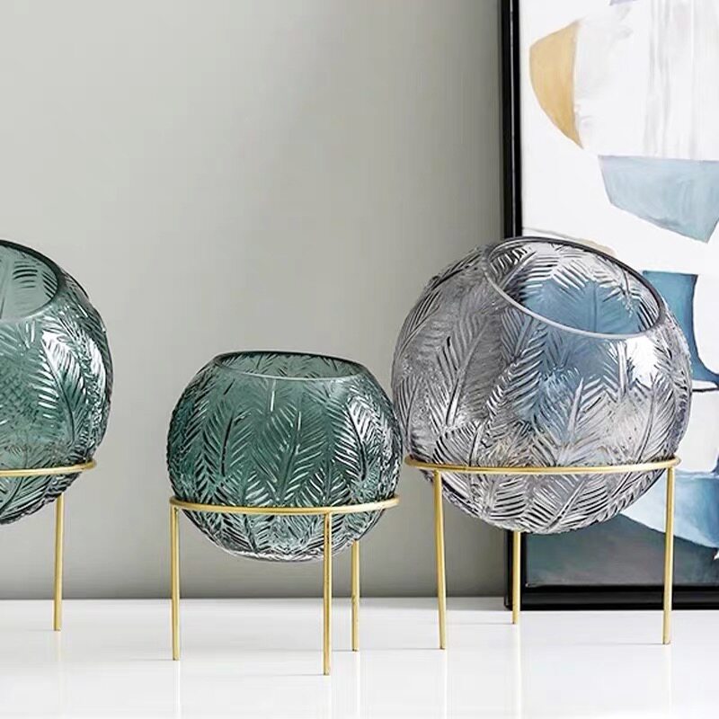 (clear cabin 6 fold) Nordic modern minimalist spherical glass holder handmade vase flower ware European and American style light extravagant