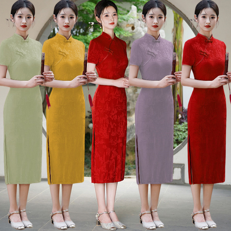 Daily New Chinese-Style Popular Jacquard Summer Dress for Petite Women, Suitable for Mothers Accompanying Their Children to Exams, Mid-Length Cheongsam Dress Daily New Chinese-Style Popular Jacquard Summer Dress for Petite Women, Suitable for Mothers Accompanying Their Children to Exams, Mid-Length Cheongsam Dress