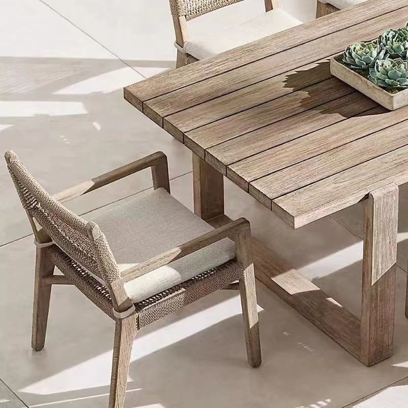 Outdoor Creative Teak Tables and Chairs, Garden Homestay Solid Wood Rattan Chairs, Courtyard Long Table, Waterproof and Sun-Resistant Outdoor Table and Chair Set