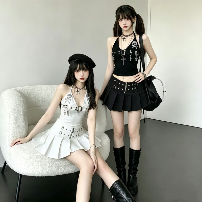 American Asian Hot Girl Style Skull Gothic Punk Cross Top and Skirt Y2K Subculture Outfit Complete Set