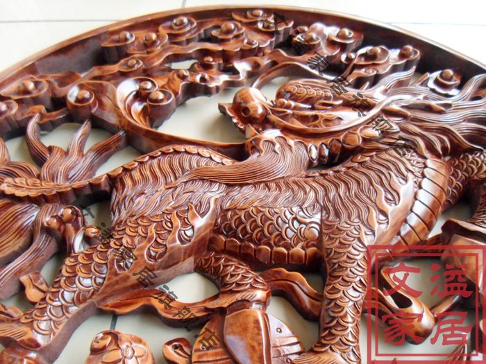 Dongyang wood carving wall hanging feng shui town house living room round pendant Chinese antique solid wood carving sofa background wall
