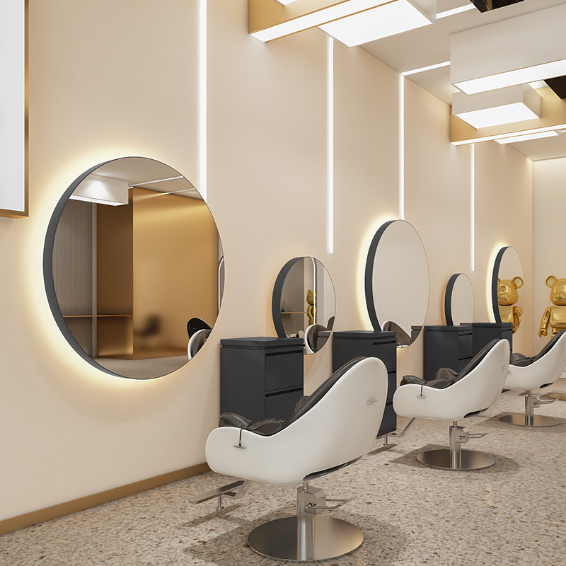 Net Red Tape Shop Mirror Desk Hair Salon Special Hanging Wall With Lamp Wall-mounted Semicircle Round Beauty Hair Shop Bronzed Cut Hair Mirror