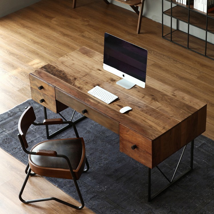 Industrial style retro desk with drawer American solid wood desk Bookcase One-piece desk table Home bedroom