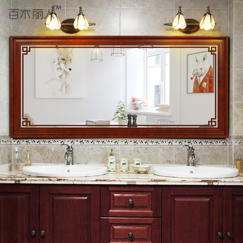 Chinese imitation antique solid wood bathroom mirror wall-mounted retro dressing room mirror hanging wall style washing washroom make-up bench mirror