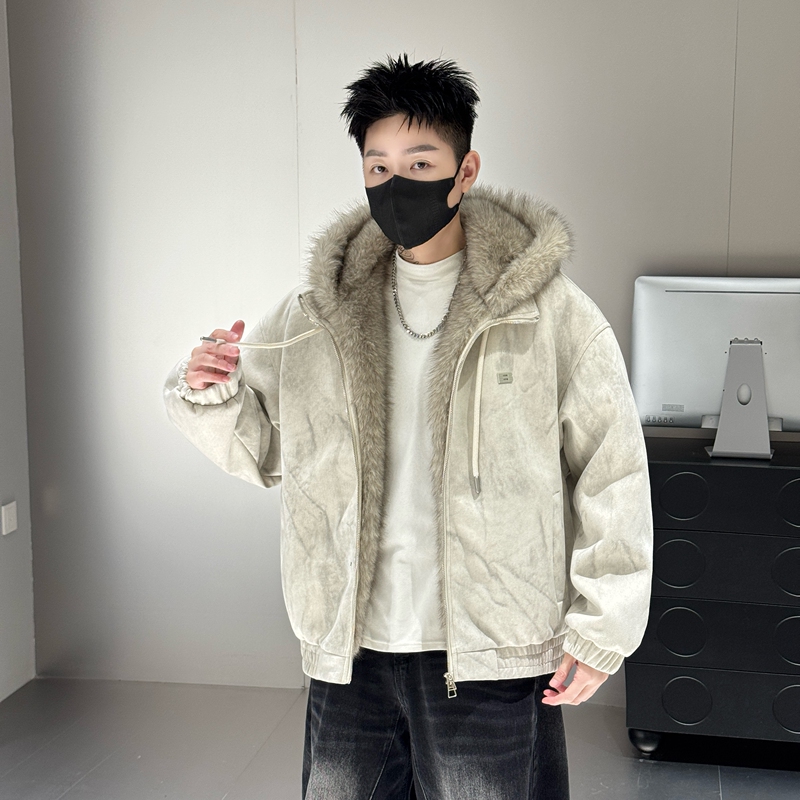 Men's Fur-Lined Jacket, Winter Plush Hooded Jacket, Trendy Brand, Cool and Stylish, Warm, Thick Cotton Coat