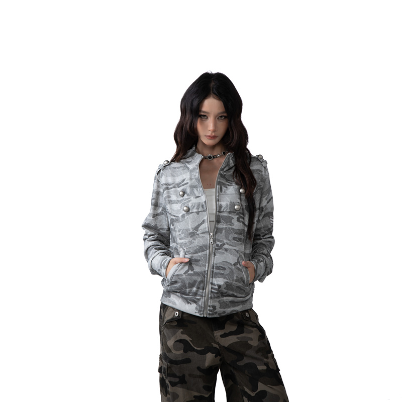 Rauao American Palace Style Napoleon Washed Camouflage Sweatshirt Unisex Oversized Button-Up Short Slim-Fit Jacket Trendy