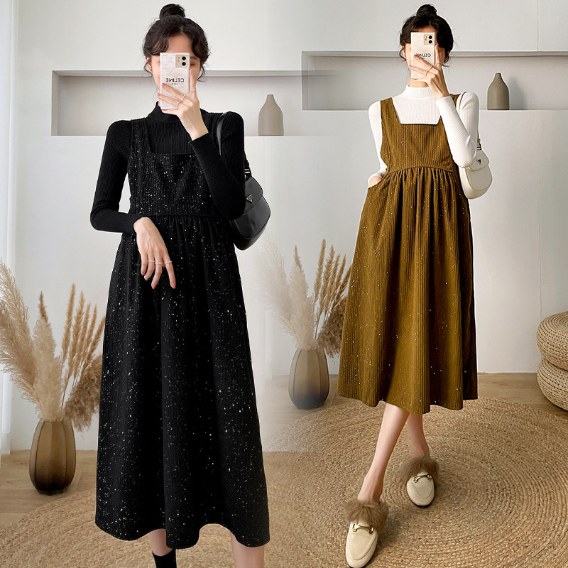 Maternity dress winter suit fashion winter corduroy age-reducing suspender skirt autumn and winter two-piece skirt