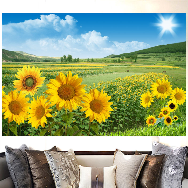 Sunflower, Blue Sky, White Clouds, Natural Scenery Painting, Self-Adhesive Sticker, Decorative Painting, Living Room Sofa Background Wall Painting