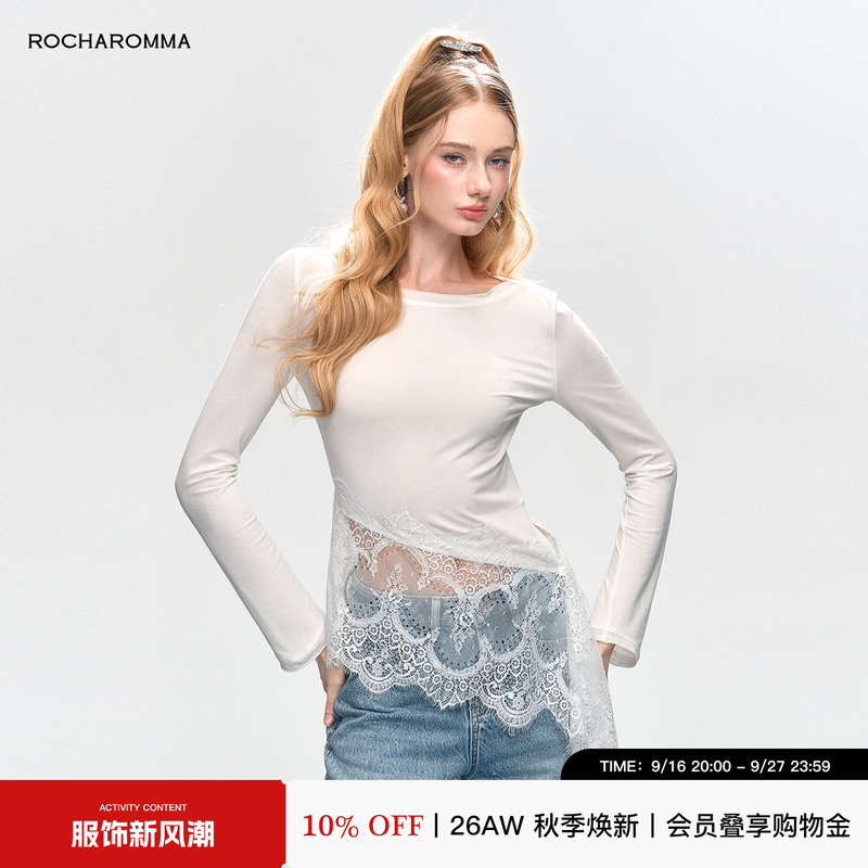 [Same Style as Xu Yiyang] Rocaromma2026 Autumn Pure Desire Style Lace Patchwork Date T-Shirt for Women