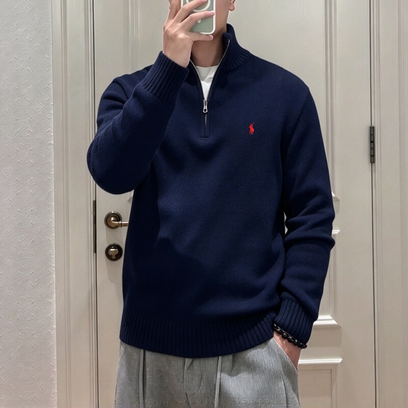 American-Style Autumn and Winter Polo Sweater for Men, Stand Collar, Half-Zip, Pure Cotton, Clean Version, Polo Old Money Style, Horse Logo Knitwear Jacket American-Style Autumn and Winter Polo Sweater for Men, Stand Collar, Half-Zip, Pure Cotton, Clean Version, Polo Old Money Style, Horse Logo Knitwear Jacket