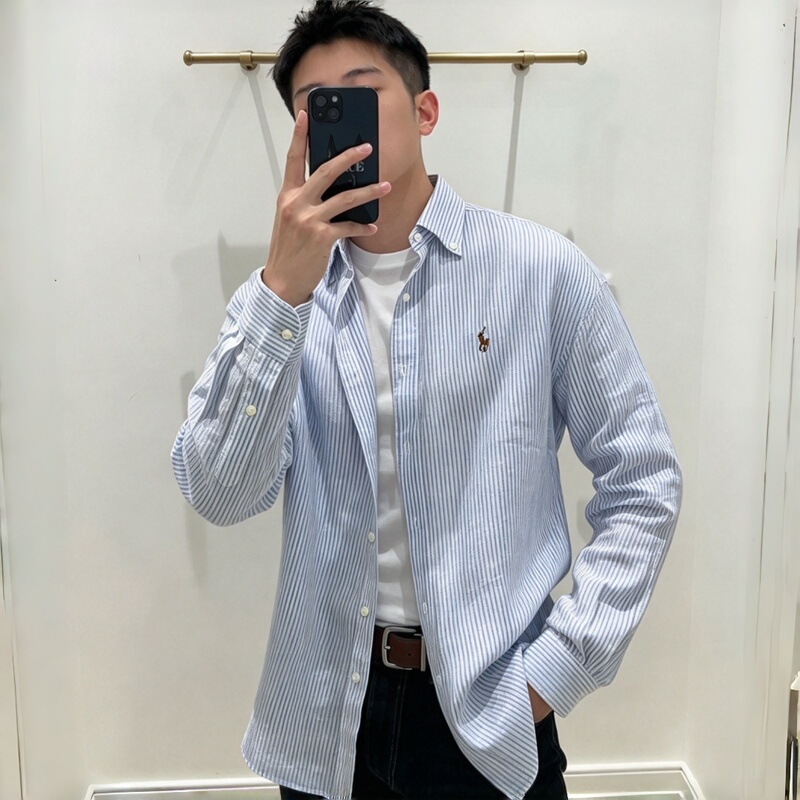 American-Style Paul Striped Long-Sleeve Shirt for Men, Spring and Autumn Pure Cotton Oxford Fabric Polo Collar Business Horse Logo Casual Shirt