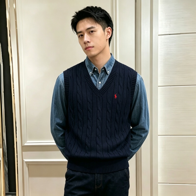 American Style Paul Men's Vest V-Neck Pure Cotton Polo Autumn and Winter Sleeveless Sweater Knitted Cable Knit Base Shirt
