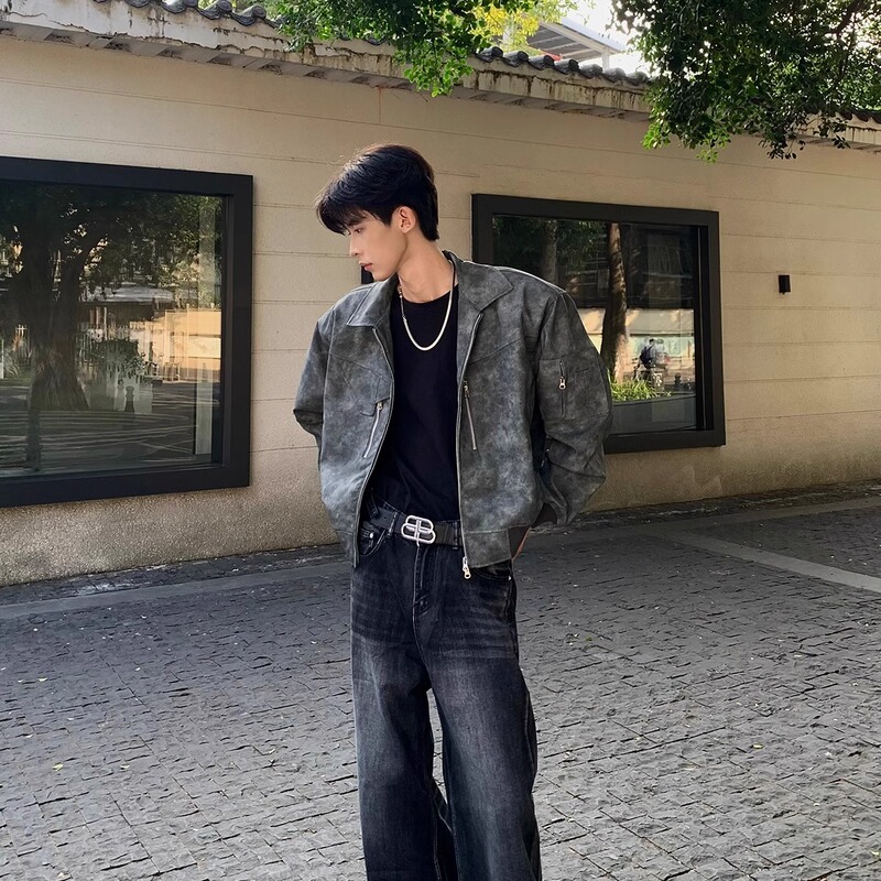 Niche Retro Washed Gradient Cool Short Jacket for Men, Spring and Autumn Trendy Brand with a High-End Design, Zipper Loose Coat