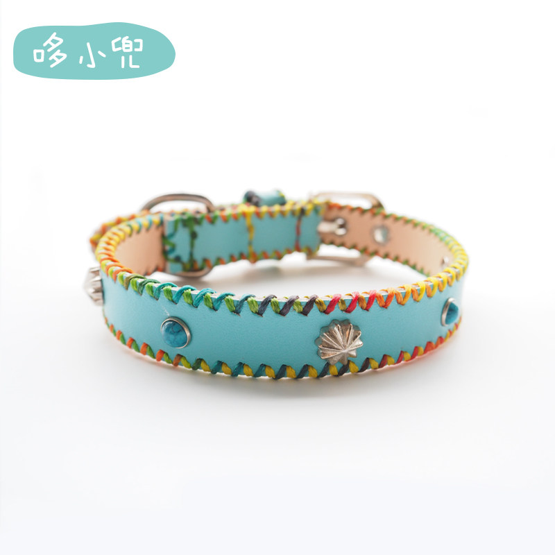 Dooxidi hand custom leather collar pet cat teddy than bear gold cowl double sky blue collar