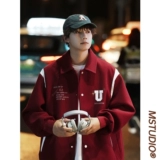 Бордовая короткая шерстяная демисезонная куртка, бейсбольная форма для отдыха, в американском стиле, свободный крой