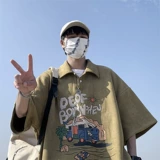 重磅麂皮绒polo衫男短袖夏季潮牌高街半袖美式复古卡通趣味体恤衫
