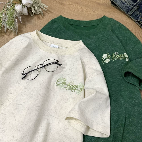 Быстросохнущая летняя шелковая футболка с коротким рукавом для отдыха, с вышивкой, короткий рукав, в американском стиле