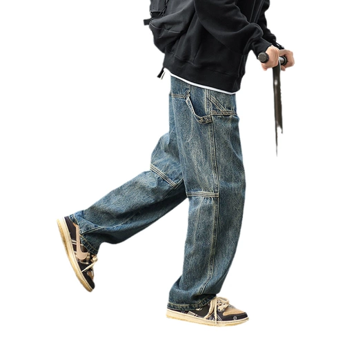 Демисезонные утепленные джинсы, штаны, повседневные брюки, свободный прямой крой, в американском стиле