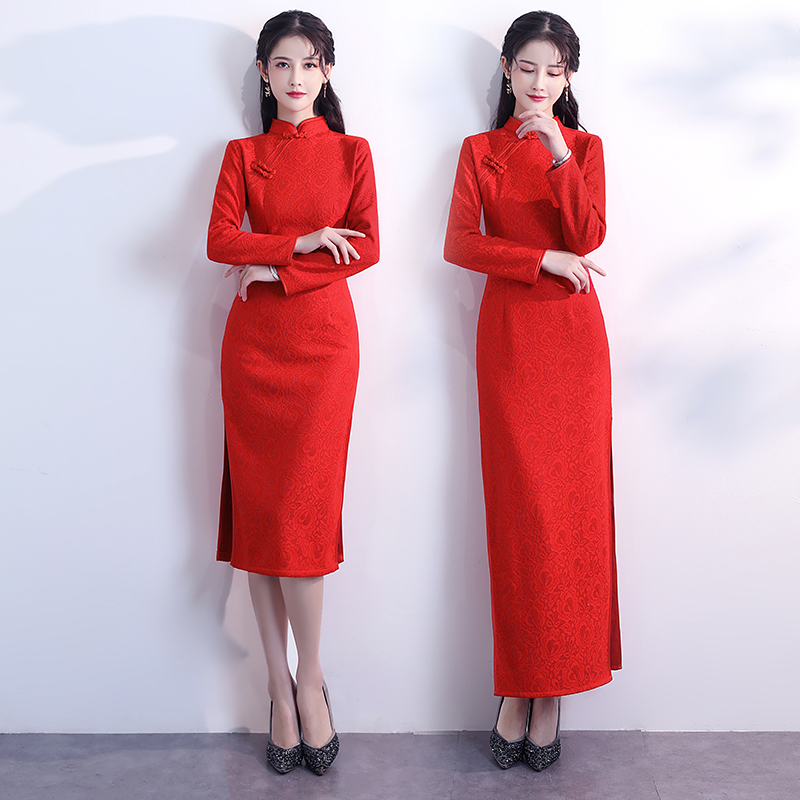 Etiquette clothing cheongsam Yingbin clothing out of clothing, female back to the maid's home red award opening front desk reception dress Chinese red