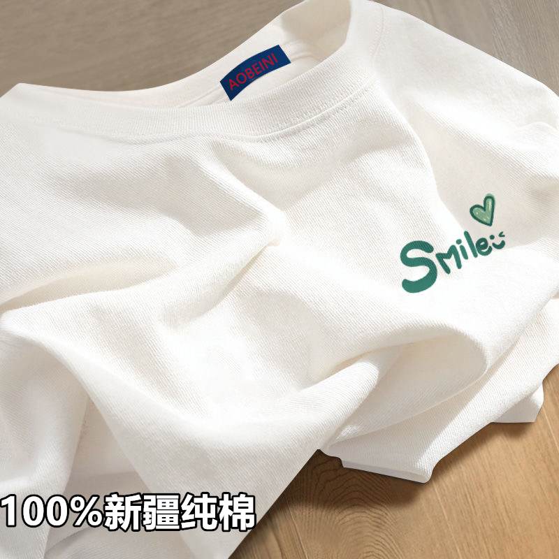 Xinjiang 100% Pure Cotton Short-Sleeved T-Shirt for Men and Women, Regular Shoulder, National Trend, White Base Shirt, ins Summer Loose Half-Sleeve Top