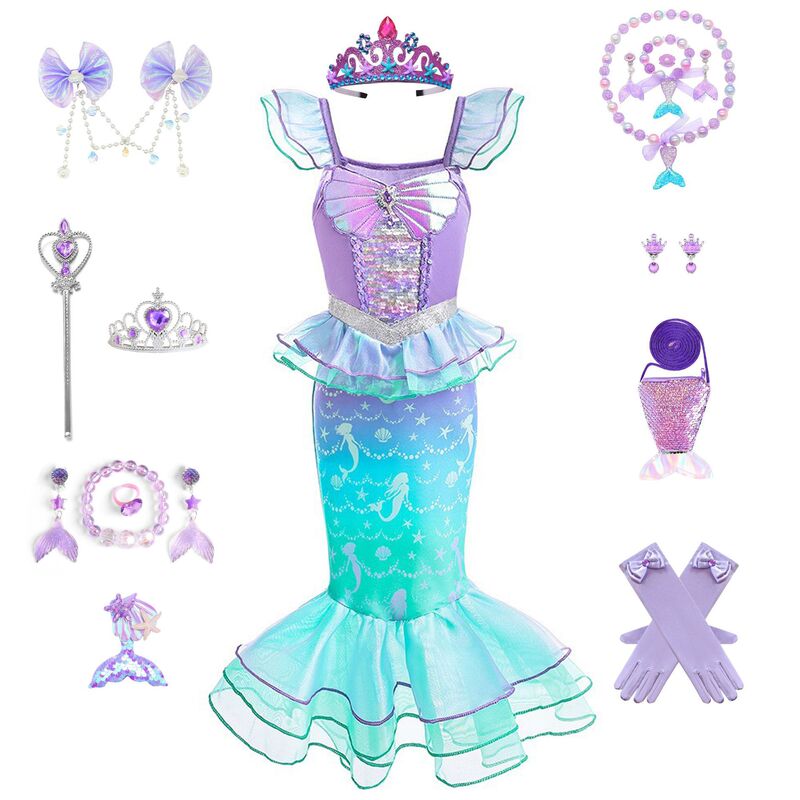Mermaid Princess Dress for Girls, Ariel Fishtail Dress, Shell Gauze Skirt, Ruffled Mermaid Dress, Party Dress