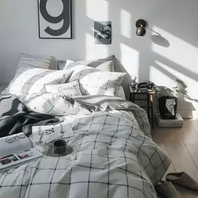 Nordic cotton bed four-piece ins wind simple plaid cotton quilt cover 1 8m double single bed Single bed single bed Single bed Single bed Single bed Single bed Single bed Single bed Single bed Single bed Single bed single bed single bed single bed single bed single bed
