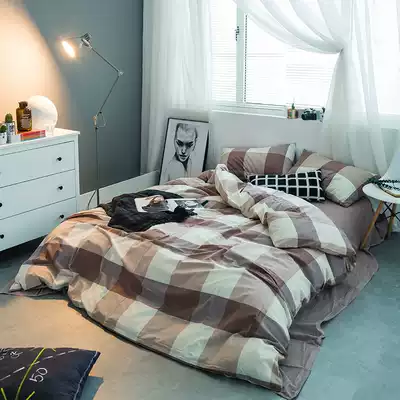 Simple plaid cotton-dyed water wash cotton four-piece ins Nordic cotton quilt cover sheets 1 5m1 8 meters double