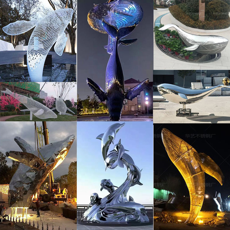 Large Stainless Steel Sculpture Custom Whale Styling Mirror Stainless Steel Dolphin Fish Group Sculpture Model Kunpeng Landscape